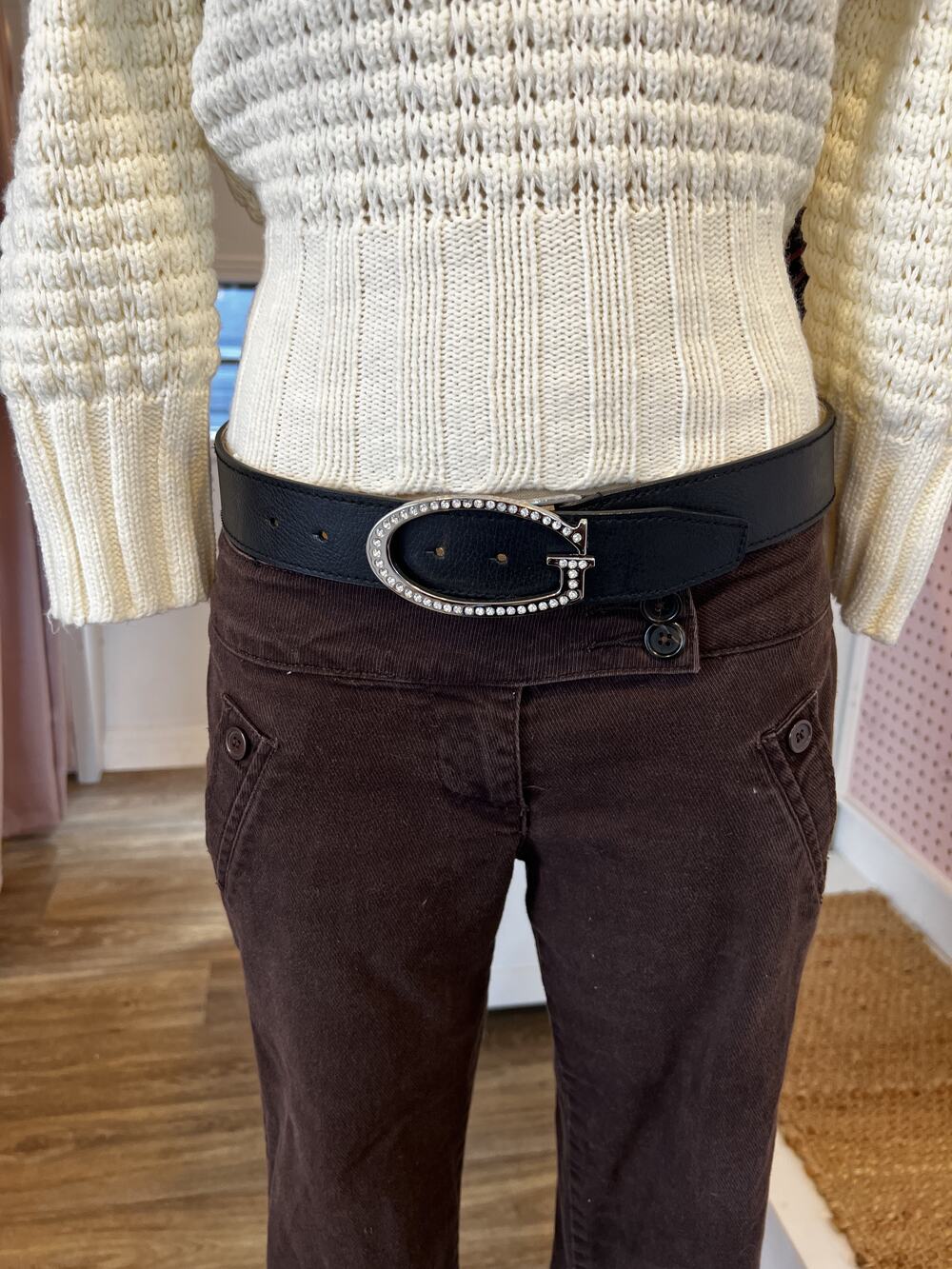 Guess Black Leather Belt with Rhinestone G Buckle